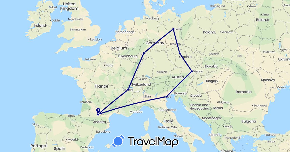 TravelMap itinerary: driving in Austria, Switzerland, Czech Republic, Germany, France, Italy (Europe)